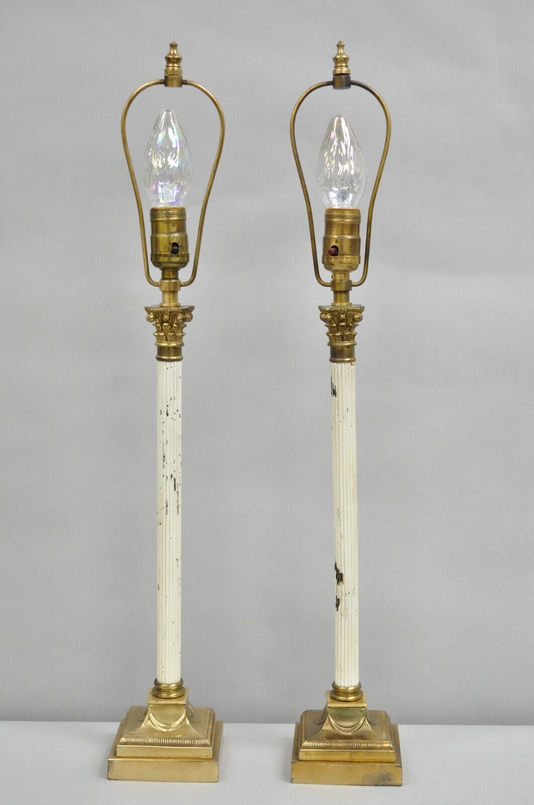 French Empire Neoclassical Small Thin Brass Candlestick Column Table Lamp a Pair