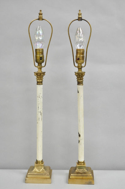 French Empire Neoclassical Small Thin Brass Candlestick Column Table Lamp a Pair