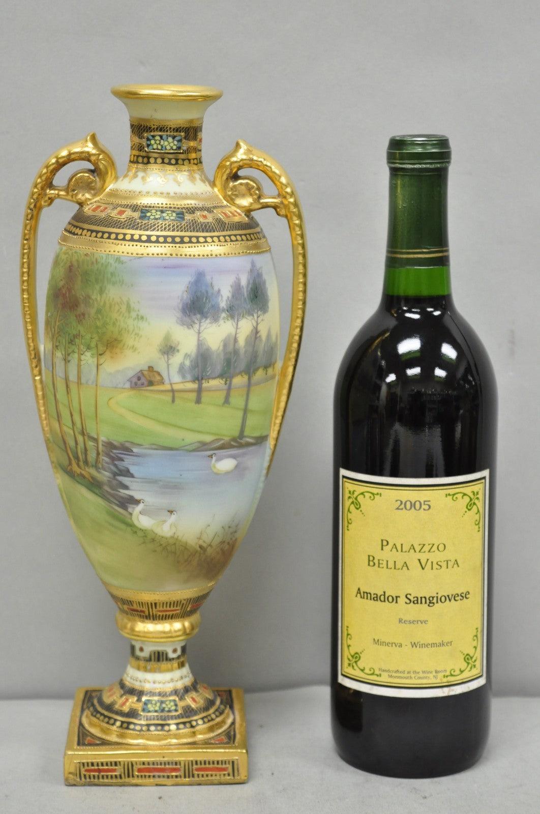 Antique Nippon Hand Painted Twin Handled Gold Gilt Lake & Swan Scene Bolted Vase