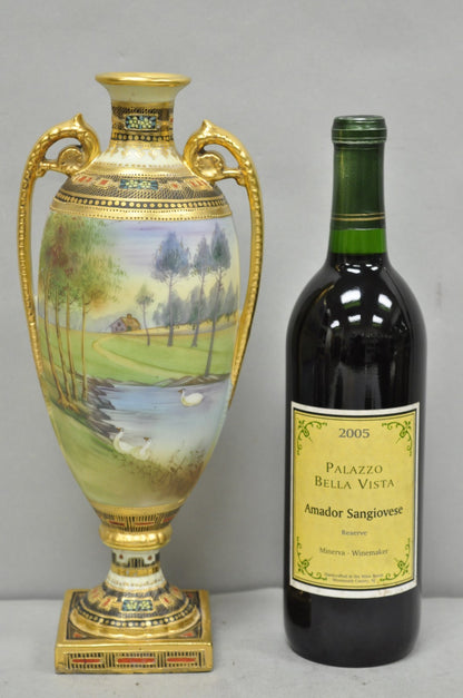 Antique Nippon Hand Painted Twin Handled Gold Gilt Lake & Swan Scene Bolted Vase