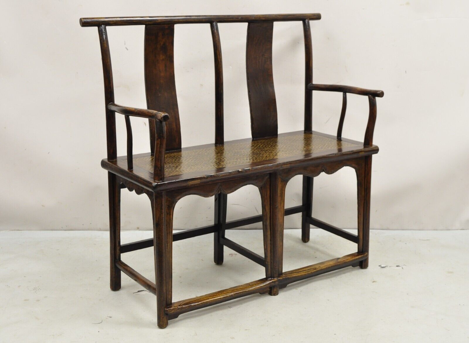 Vintage Chinese Elm Lacquered Cane Double Chairback Hall Bench Settee Sofa
