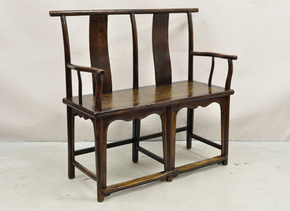Vintage Chinese Elm Lacquered Cane Double Chairback Hall Bench Settee Sofa