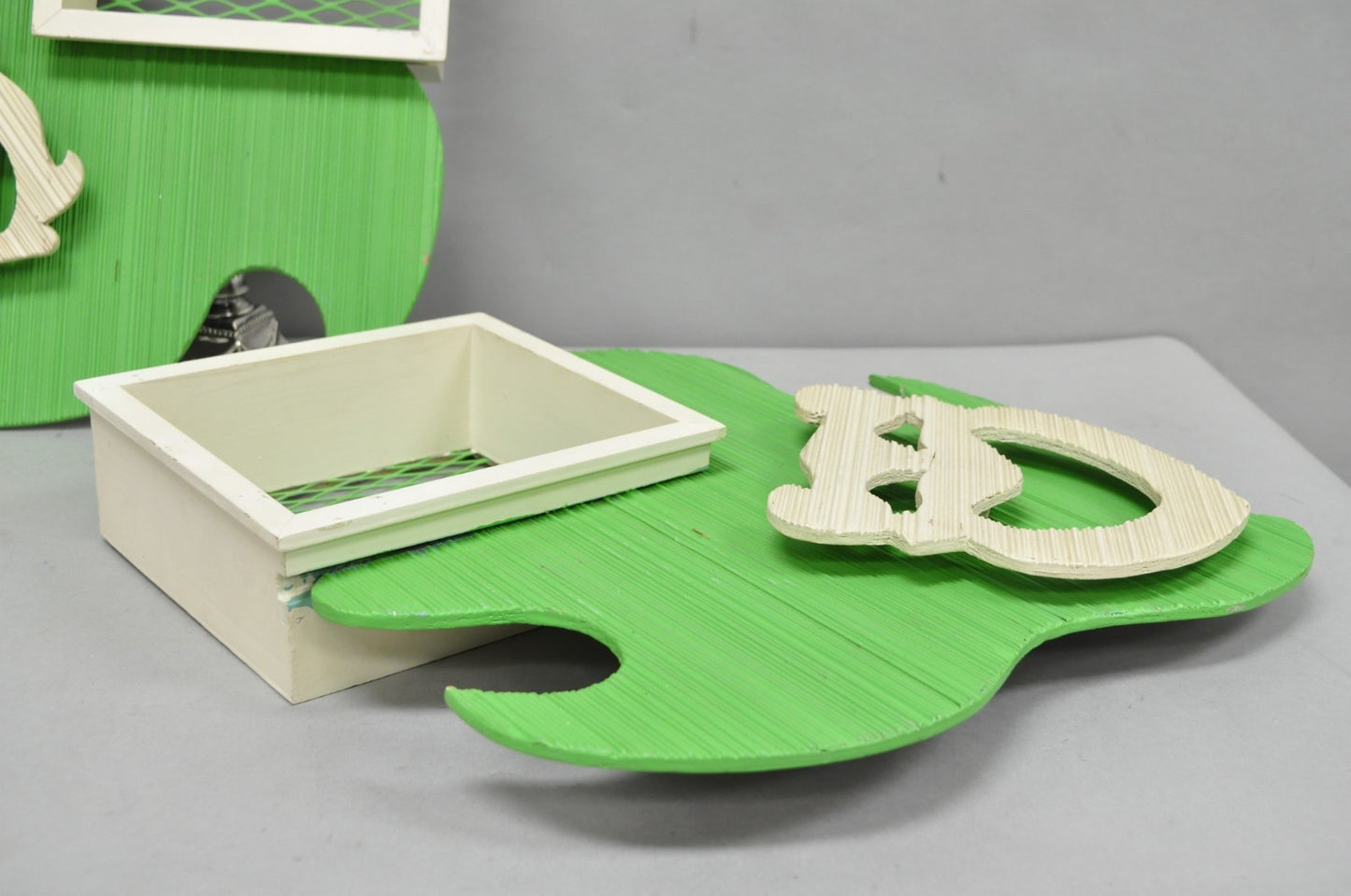 Vintage Mid Century Modern Green Theater Mask Shadowbox Wall Pocket Shelf - Pair