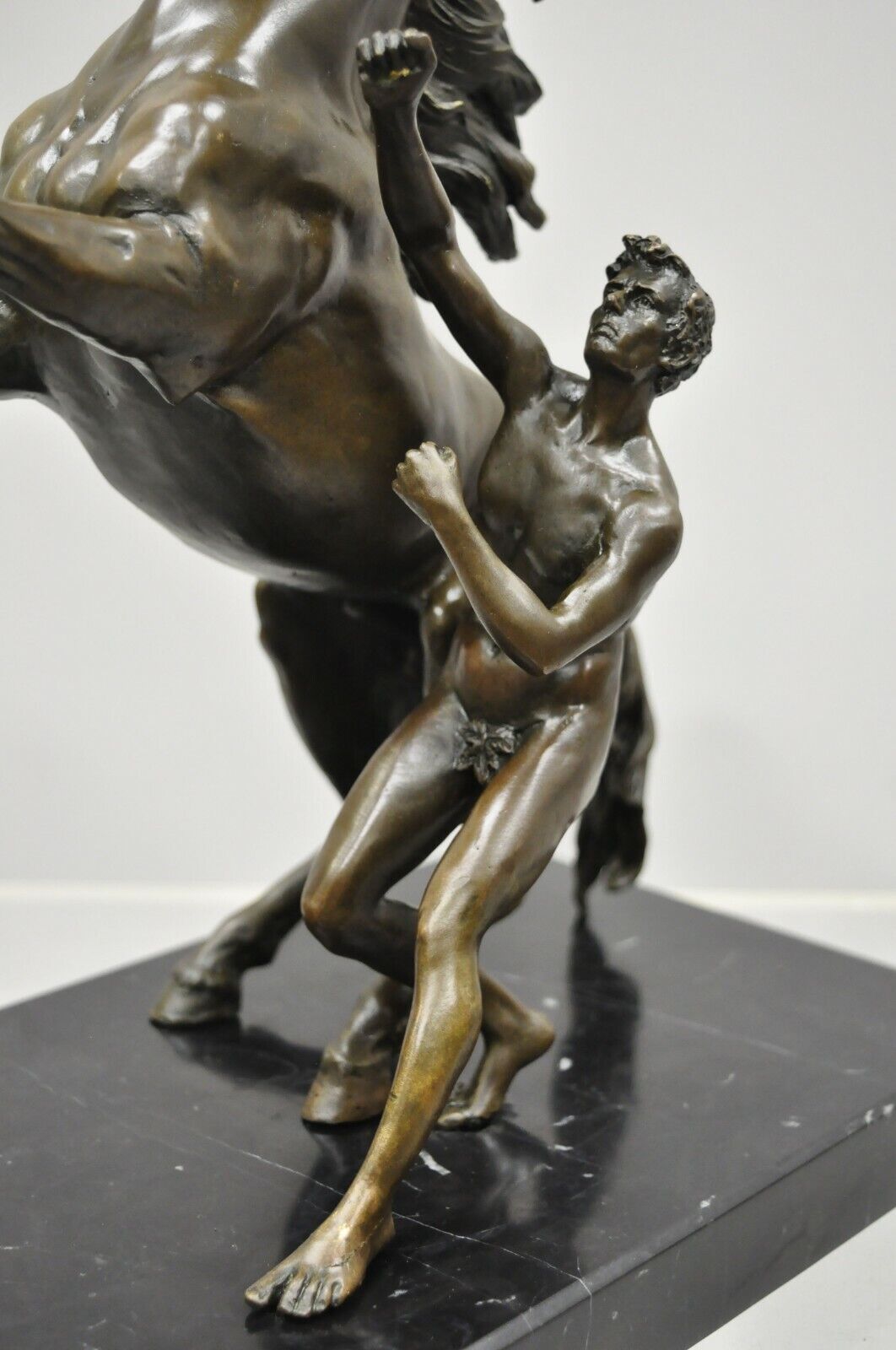 Pair of Bronze and Marble Marly Horse and Tamer Sculpture Statues After Coustou
