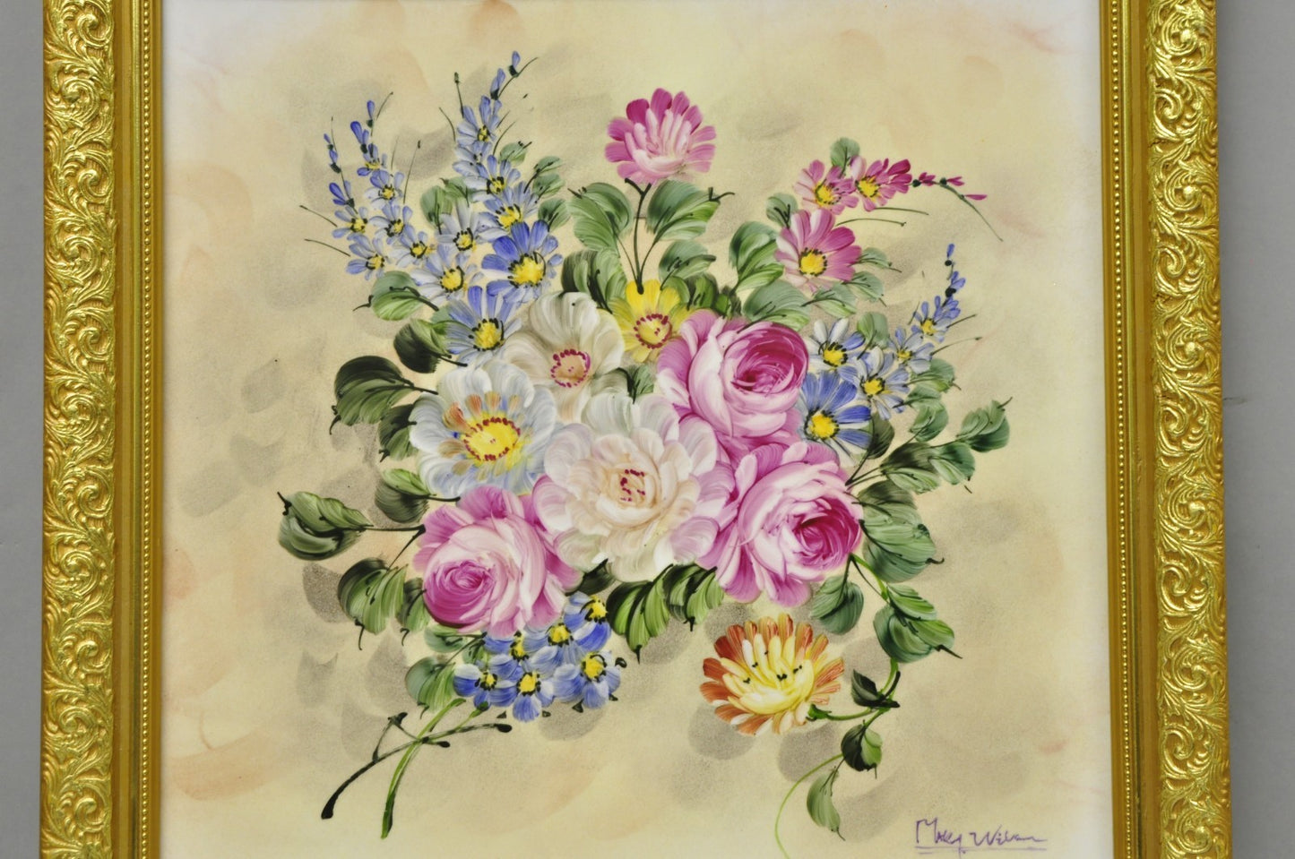 Mary Wilson French Hand Painted Porcelain Plaque Pink Rose Flower Painting (B)