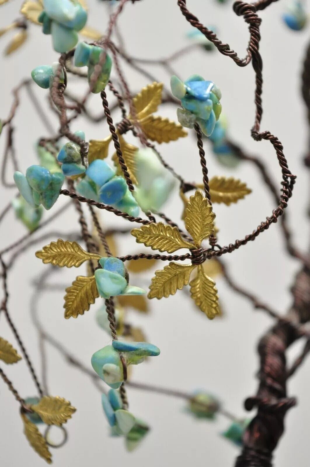 Brutalist Modern Copper Wire 14" Bonsai Tree Brass Leaves Stone Fruit Sculpture