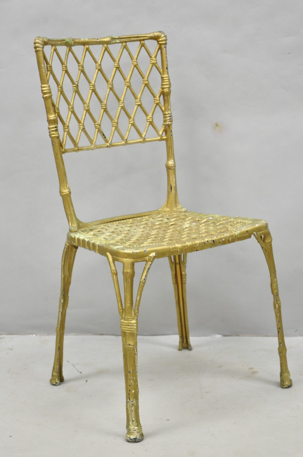 Vintage Hollywood Regency Faux Bamboo Basketweave Lattice Aluminum Side Chair