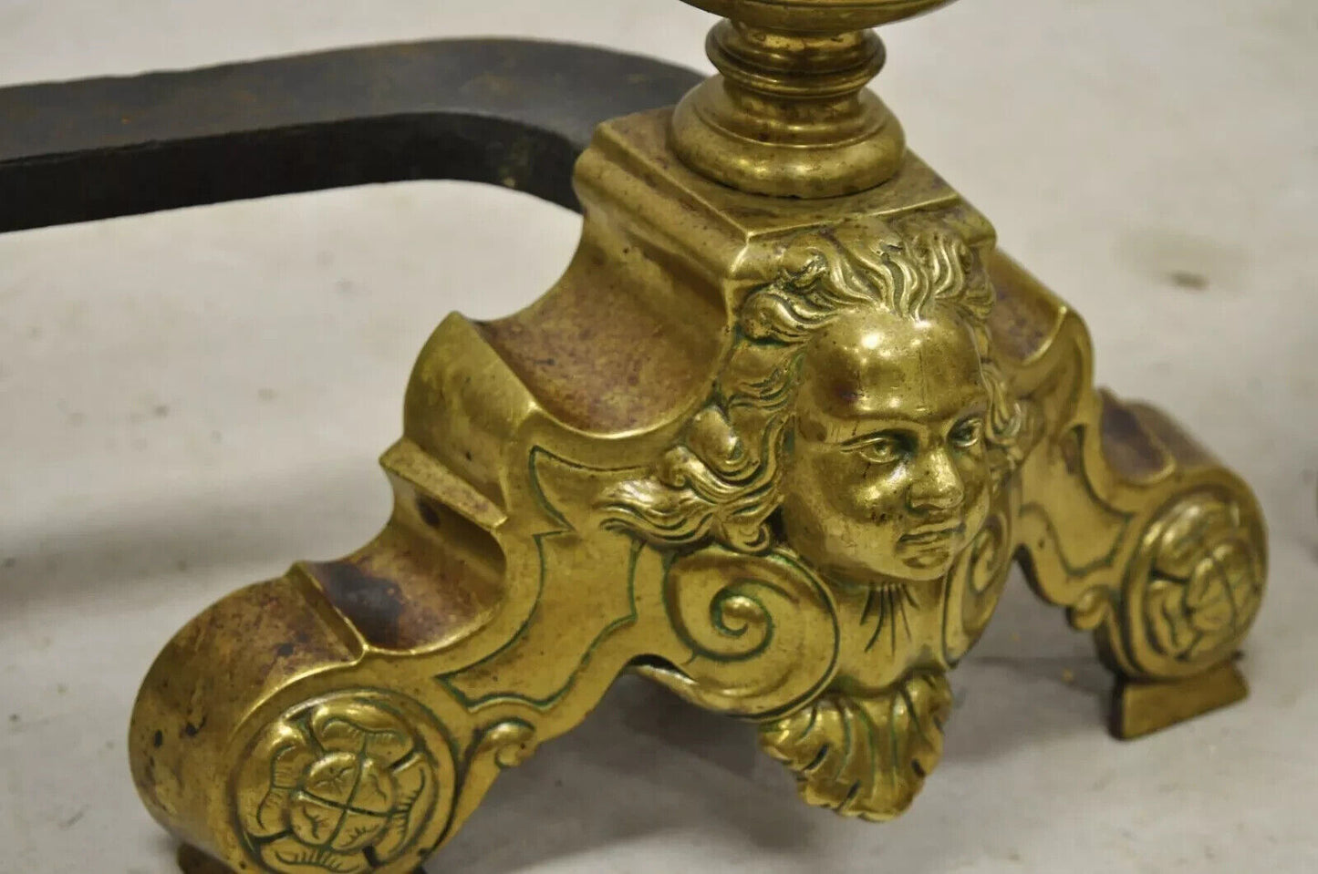 Vintage Beethoven Face French Rococo Brass Cannonball Fireplace Andirons - Pair