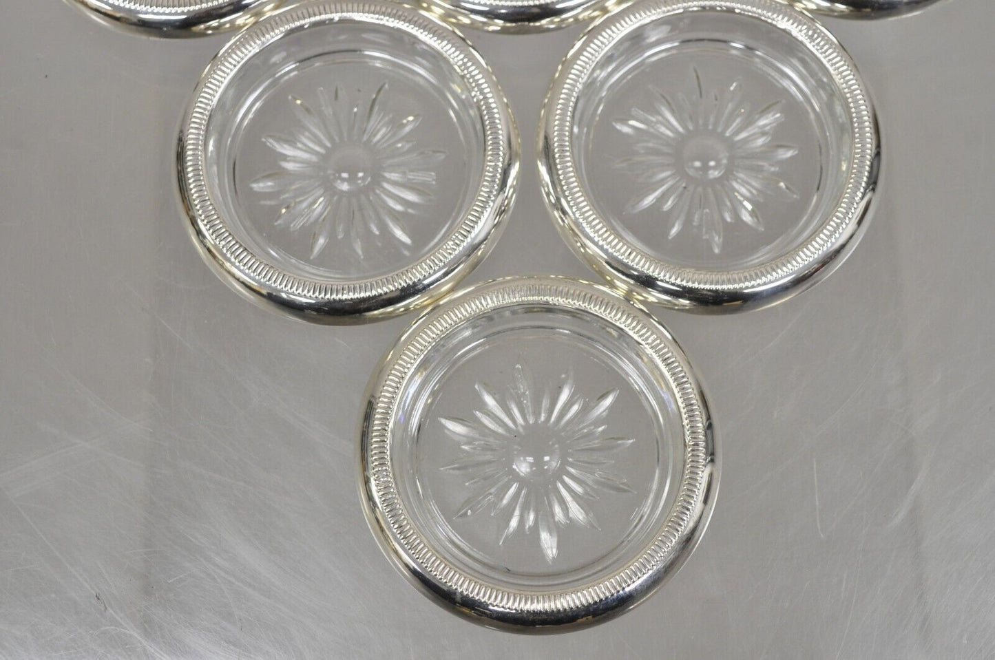 Vintage Regency Style Crystal Coasters with Sterling Silver Rims by Crown- 6 Pcs