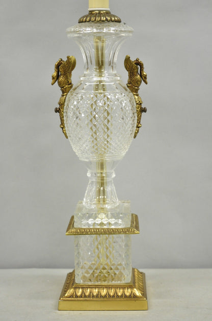 French Empire Regency Baccarat Style Glass Crystal Urn Table Lamp w/ Brass Swans