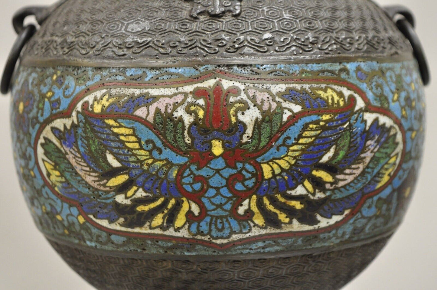 Antique Chinese Cloisonne Blue Porcelain Enamel  Bronze Figural Table Lamp