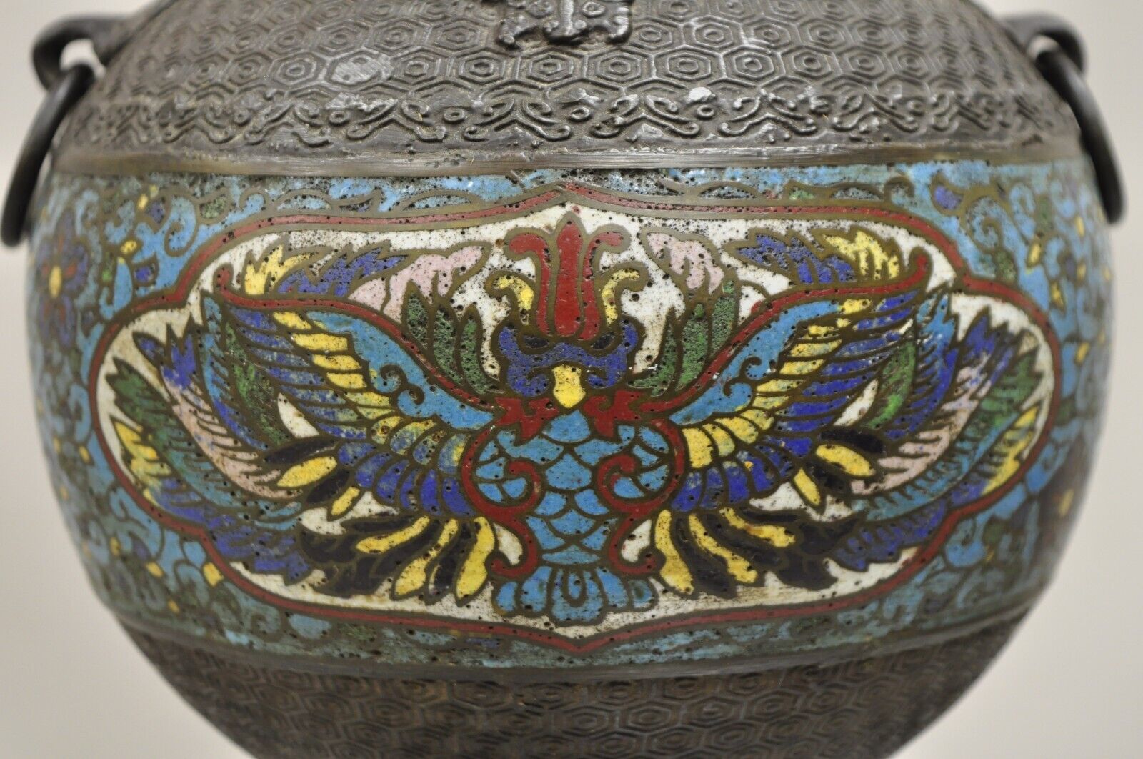 Antique Chinese Cloisonne Blue Porcelain Enamel  Bronze Figural Table Lamp