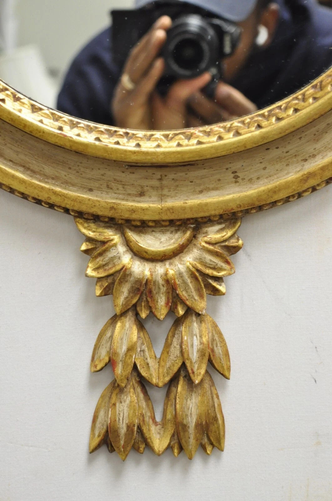 Antique Italian Regency Carved Wood Round Cream & Gold Wall Mirror by M Grieve