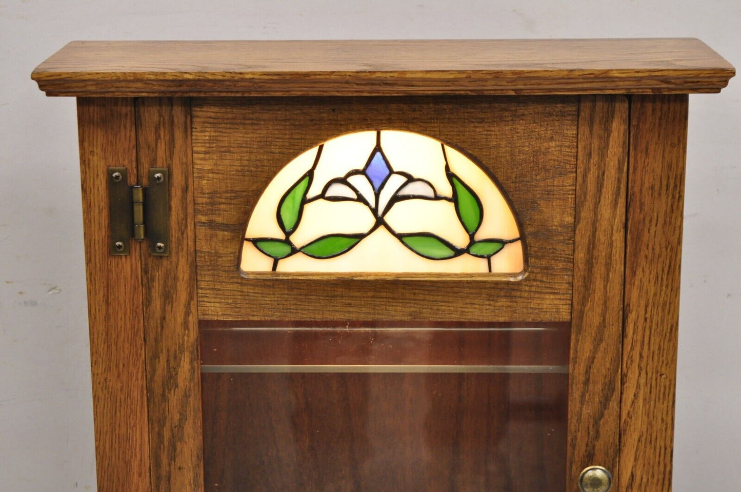 Vintage Victorian Style Oak Wood & Stained Glass Small Display Curio Cabinet