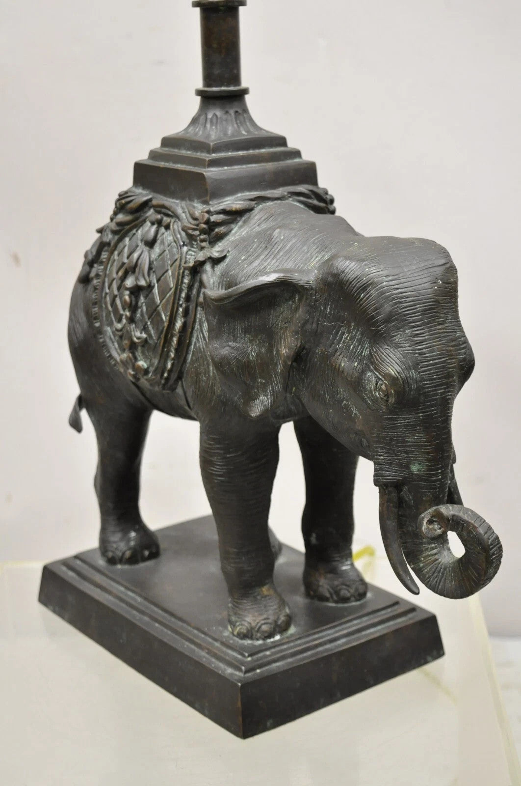 Maitland Smith Bronze Figural Elephant Table Lamp Faux Tooled Leather Shade (A)
