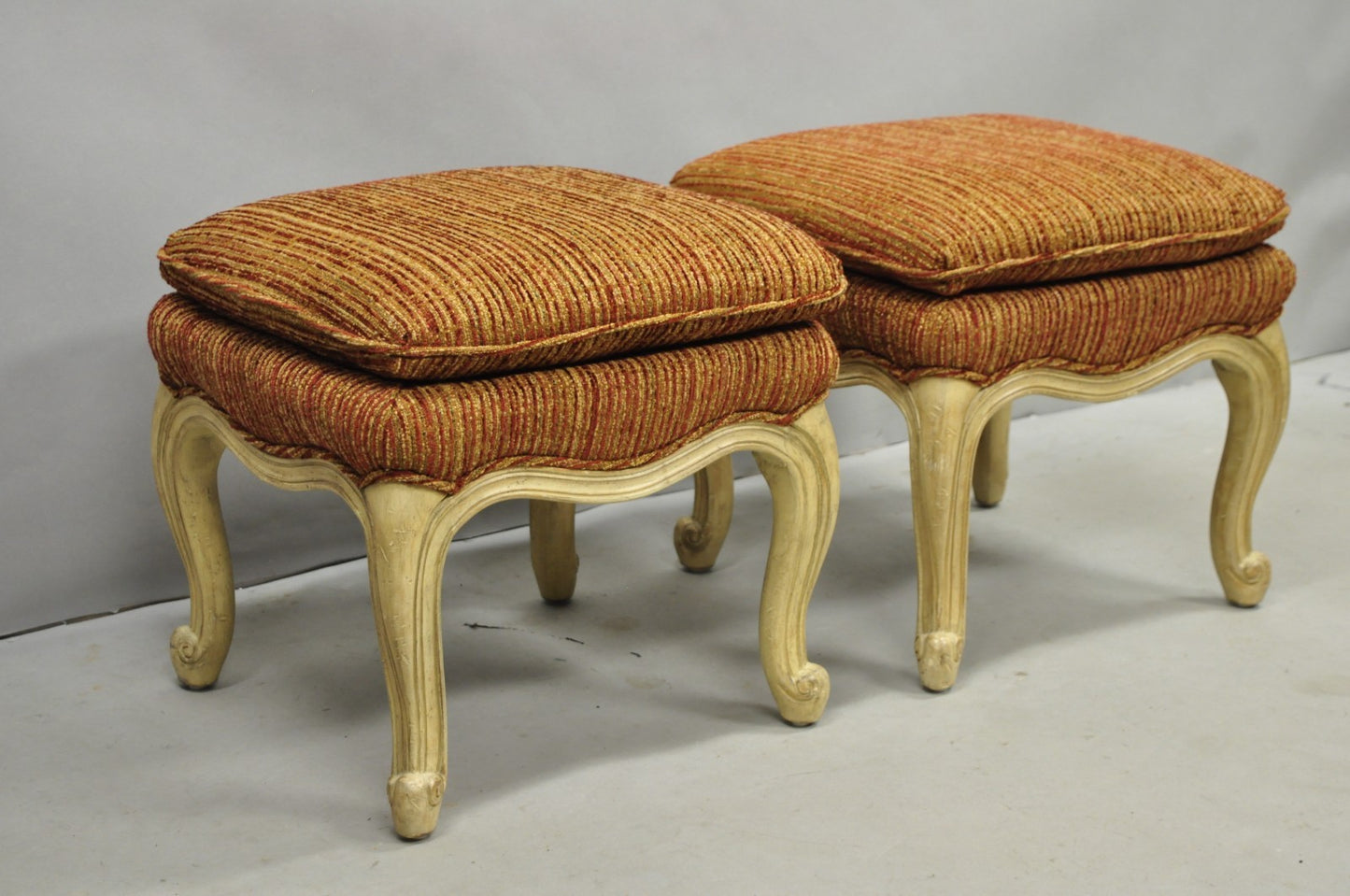French Country Provincial Cabriole Leg Orange Square Footstool Ottoman Pair