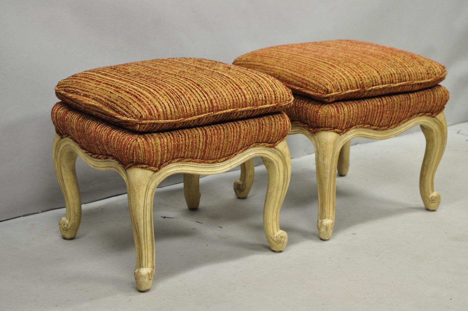 French Country Provincial Cabriole Leg Orange Square Footstool Ottoman Pair