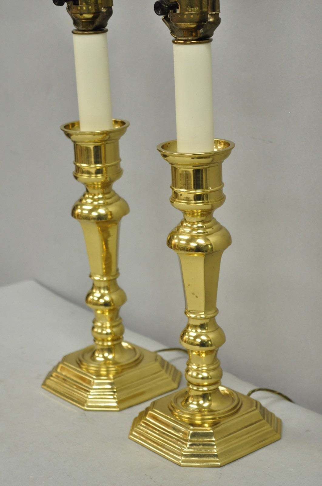 Vintage Federal Style Polished Brass Candlestick Small Vanity Table Lamps a Pair
