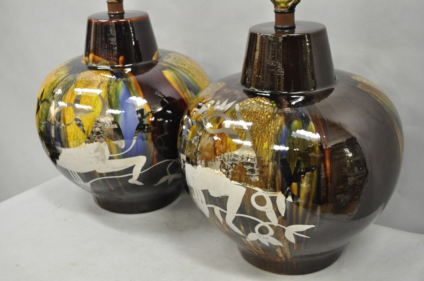 Mid Century Modern Ram Brown Drip Glaze Pottery Table Lamps by Sunset Cosco Pair