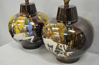 Mid Century Modern Ram Brown Drip Glaze Pottery Table Lamps by Sunset Cosco Pair