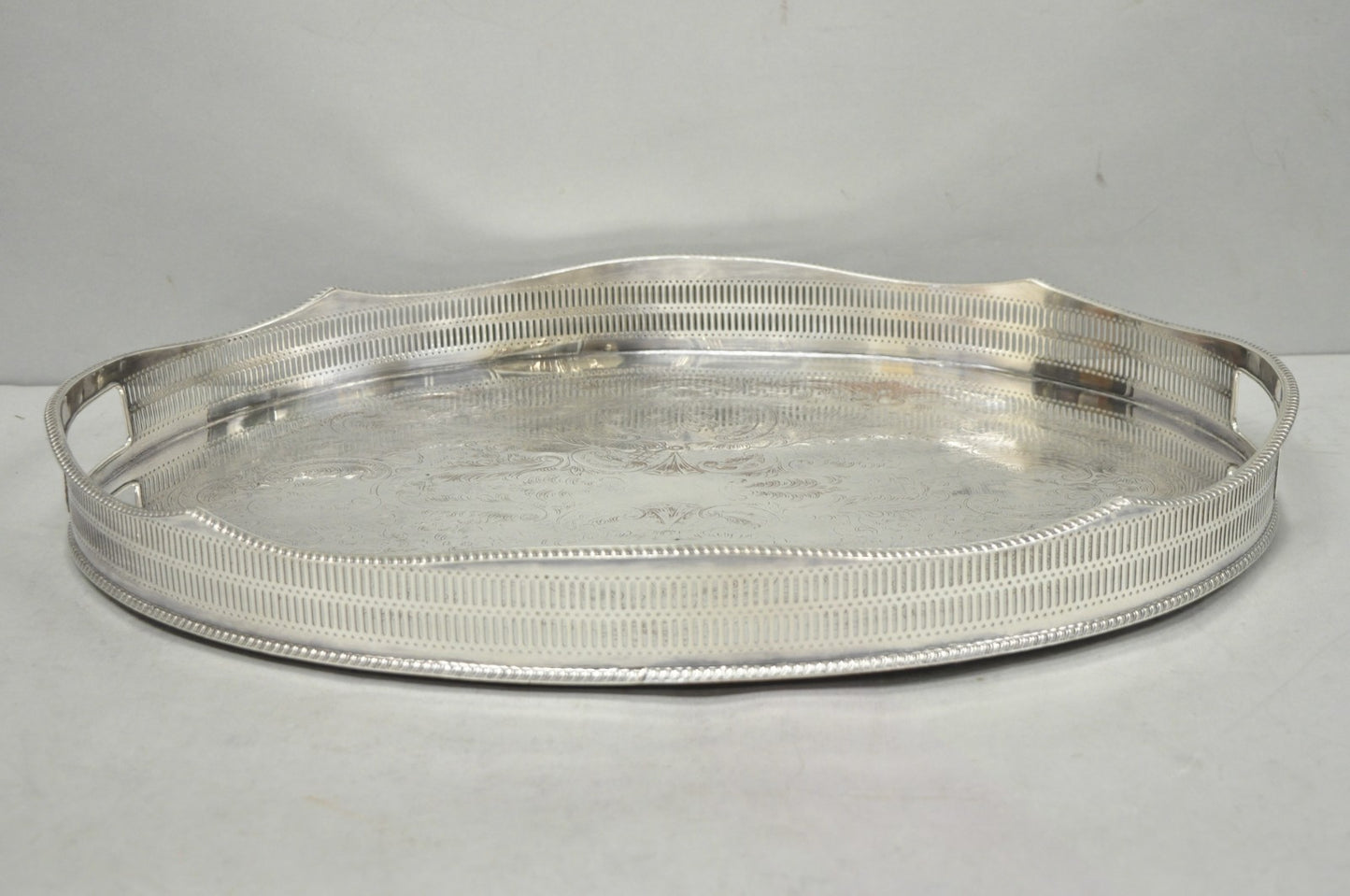 Vintage English Edwardian Silver Plated Oval Scalloped Gallery Bar Platter Tray