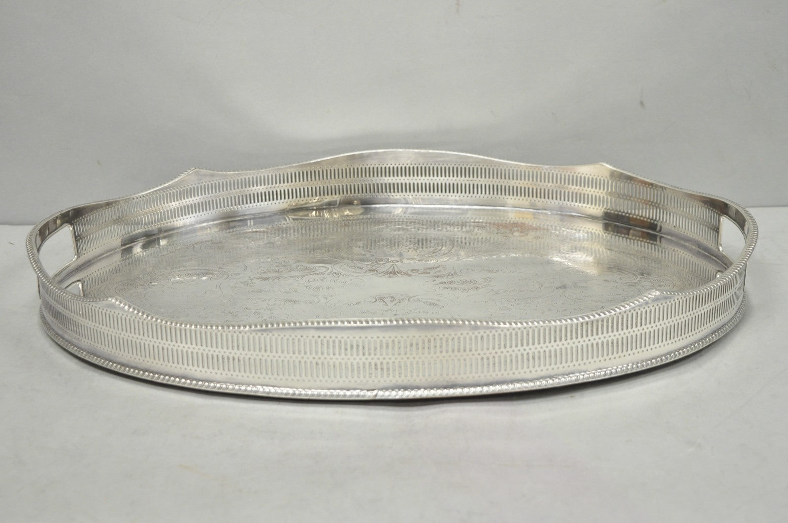 Vintage English Edwardian Silver Plated Oval Scalloped Gallery Bar Platter Tray