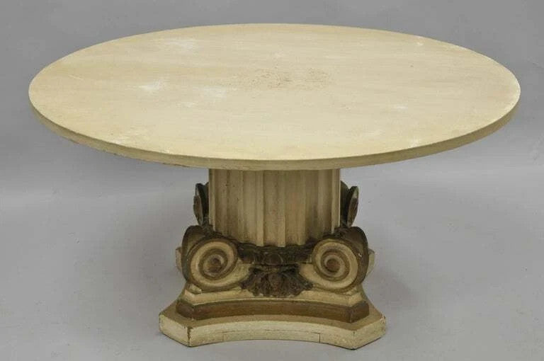 French Empire Round Marble Top Corinthian Column Wood Pedestal Base Coffee Table