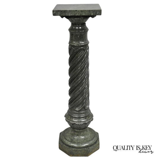 Antique Italian Green Marble Empire Classical Spiral Carved Column Pedestal