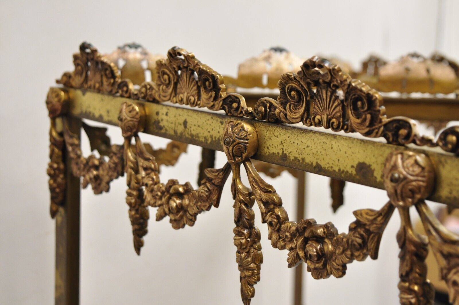 Vintage French Hollywood Regency Ornate Brass Triangular Etagere Stands - Pair