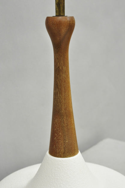 Vintage Mid Century Modern Atomic Era Teak Wood White Ceramic Pottery Table Lamp