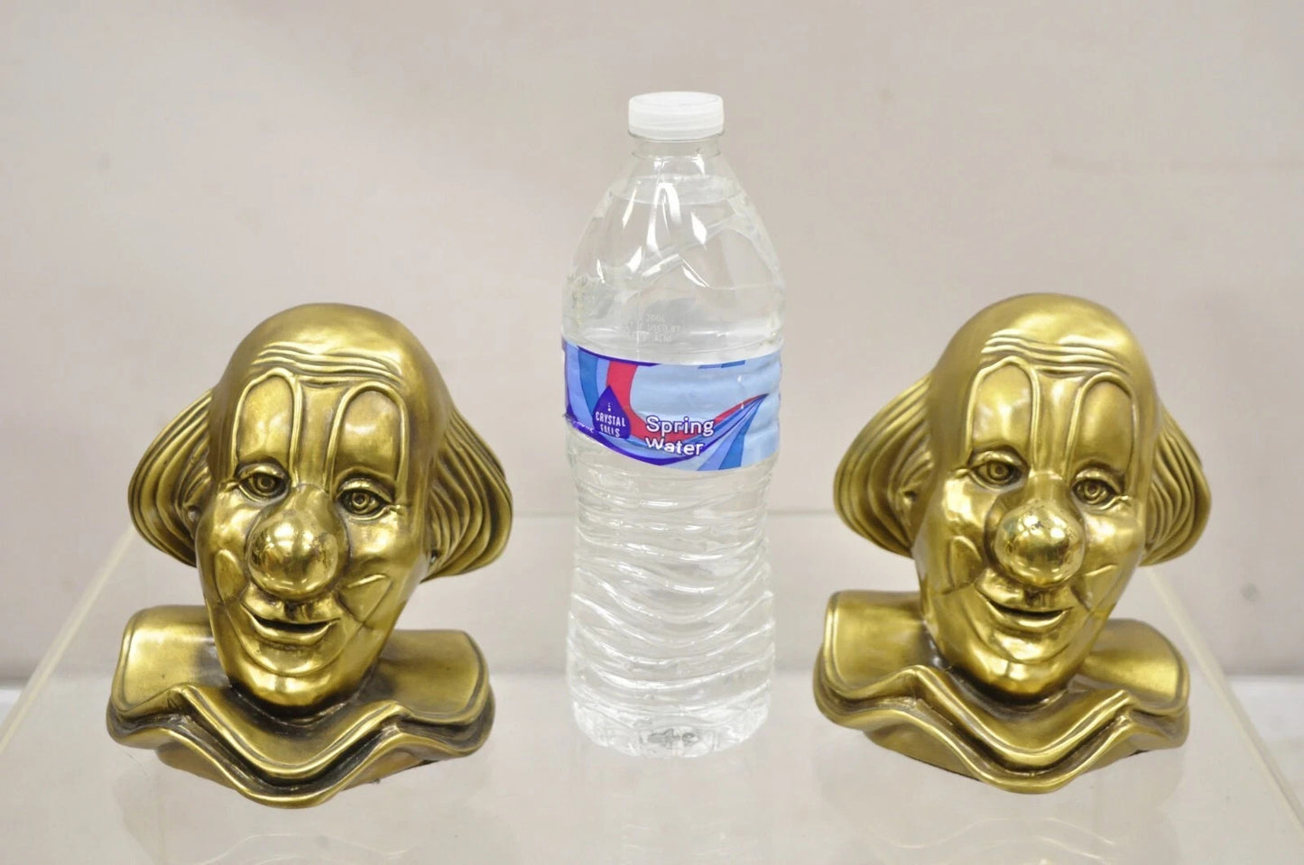 Vintage PM Craftsman Art Deco Brass Figural Clown Head Bookends - A Pair