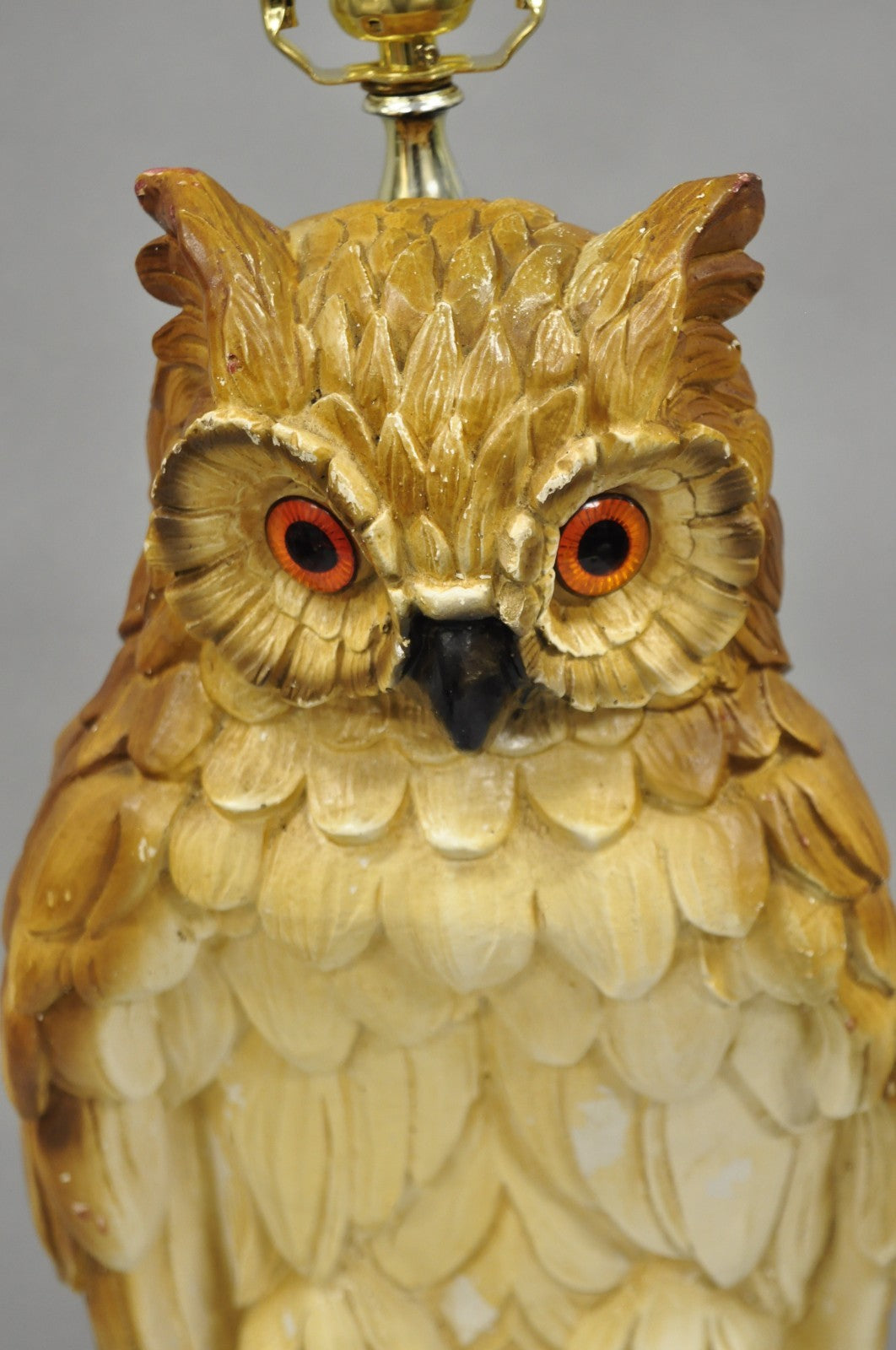 Vintage Mid Century Modern Large Chalkware Painted Owl Sculpture Table Lamp