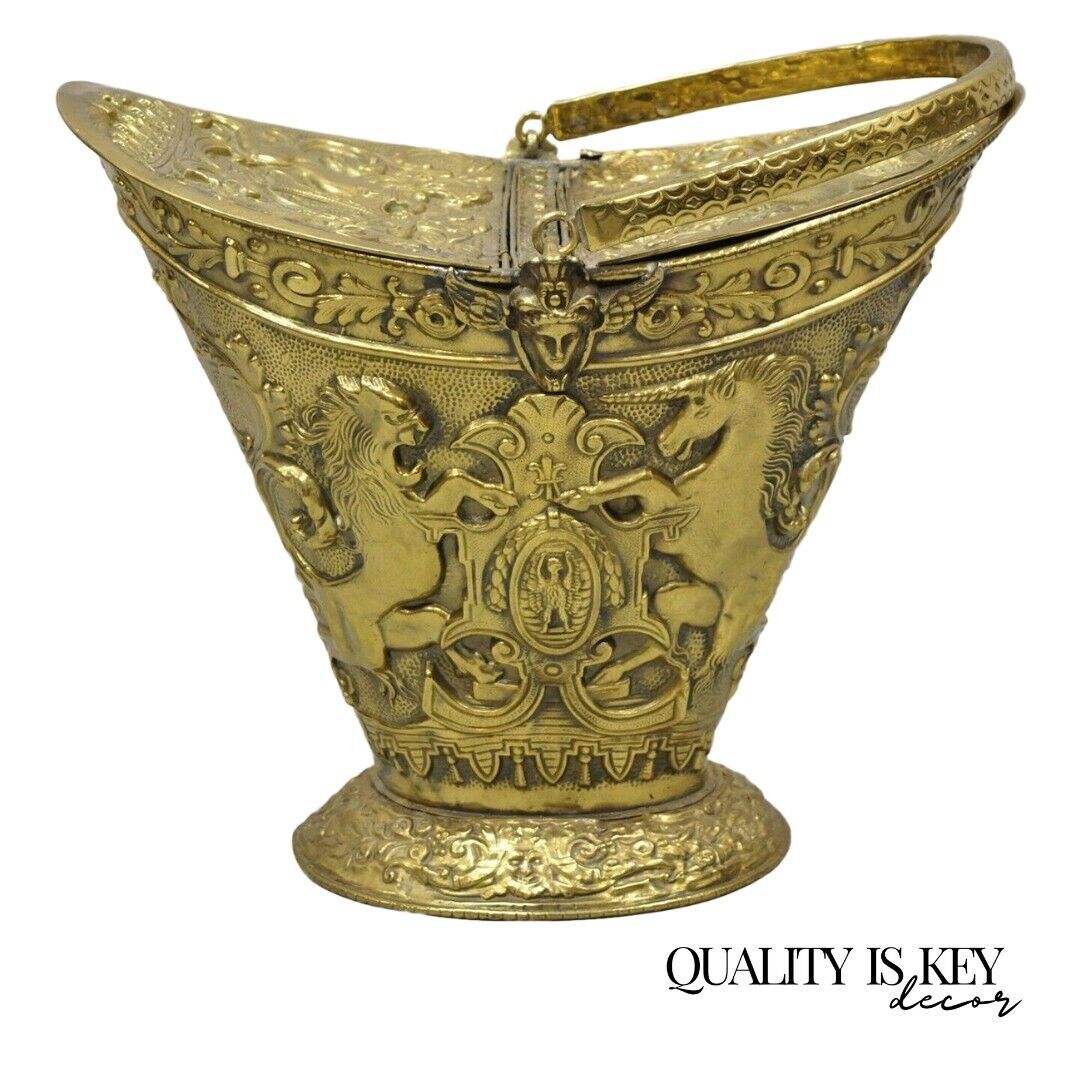 Antique English Renaissance Unicorn, Lion Shield Figural Brass Coal Bucket Bin