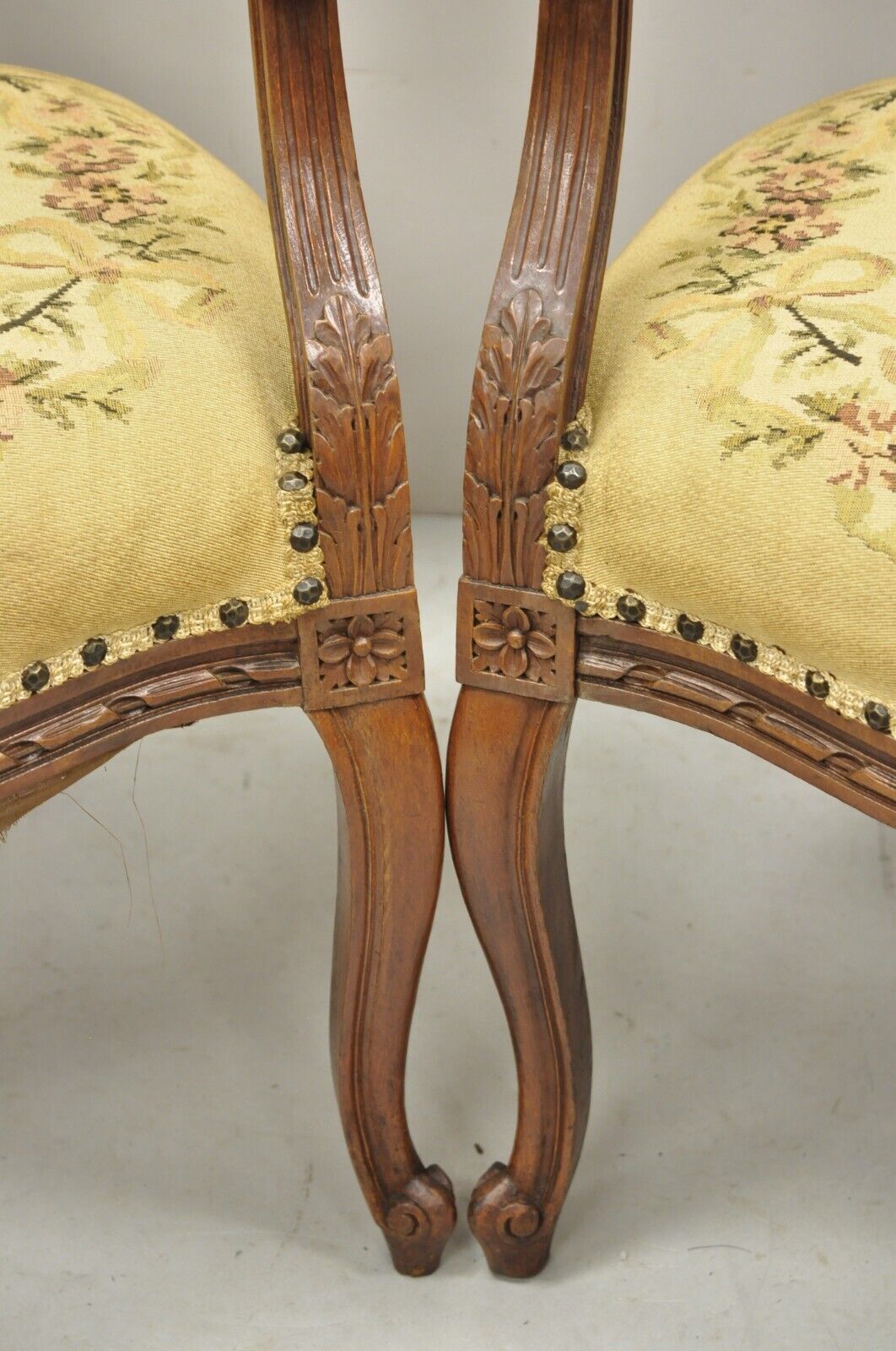 Antique French Country Louis XV Victorian Floral Tapestry Arm Chairs - a Pair