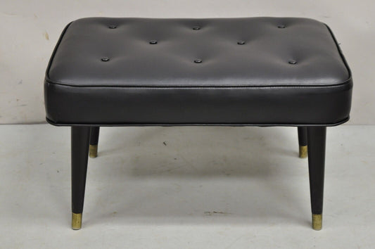 Vintage Mid Century Modern Black Tufted Vinyl Tapered Leg Footstool Ottoman