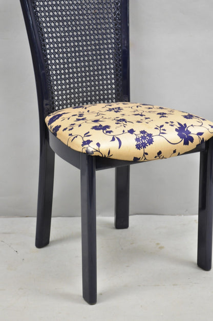 Vintage Italian Hollywood Regency Navy Blue Lacquer Cane Dining Chair - Set of 4
