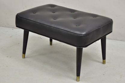 Vintage Mid Century Modern Black Tufted Vinyl Tapered Leg Footstool Ottoman