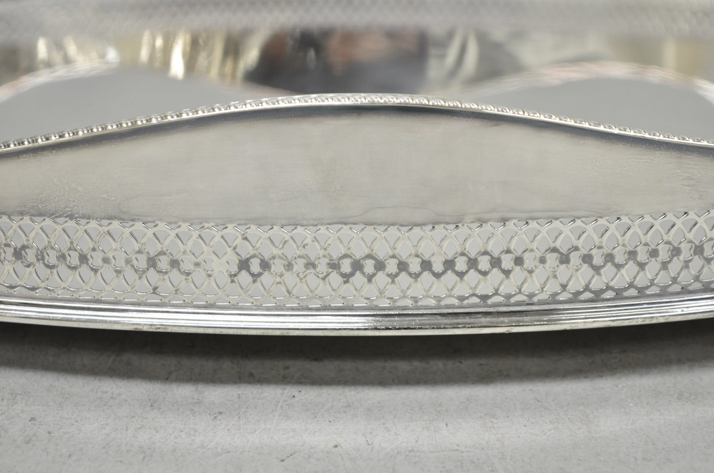 Antique English Edwardian Silver Plated Scalloped Oval Butlers Serving Bar Tray