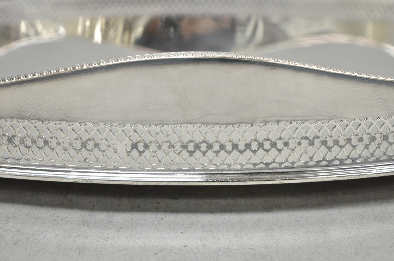 Antique English Edwardian Silver Plated Scalloped Oval Butlers Serving Bar Tray
