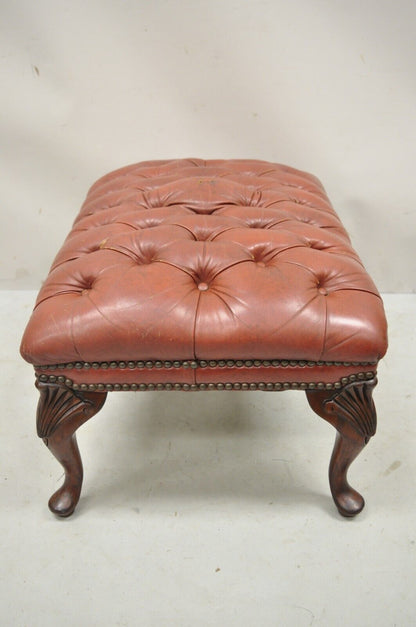 Vtg Brown Leather English Chesterfield Queen Anne Style Tufted Ottoman Footstool