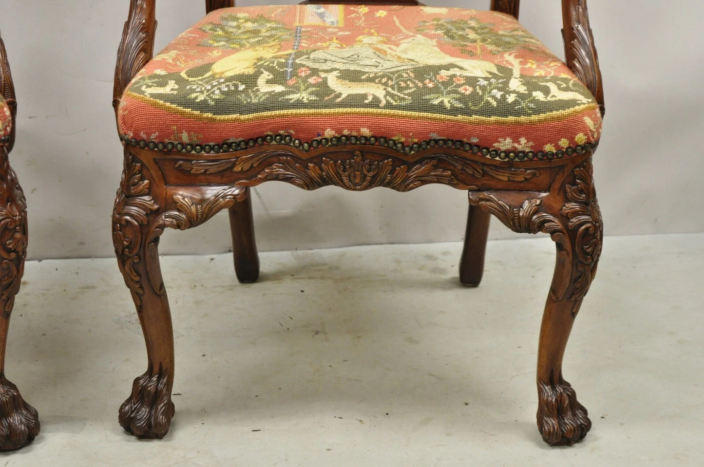 Maitland Smith Georgian Carved Mahogany Needlepoint Dining Arm Chairs - a Pair