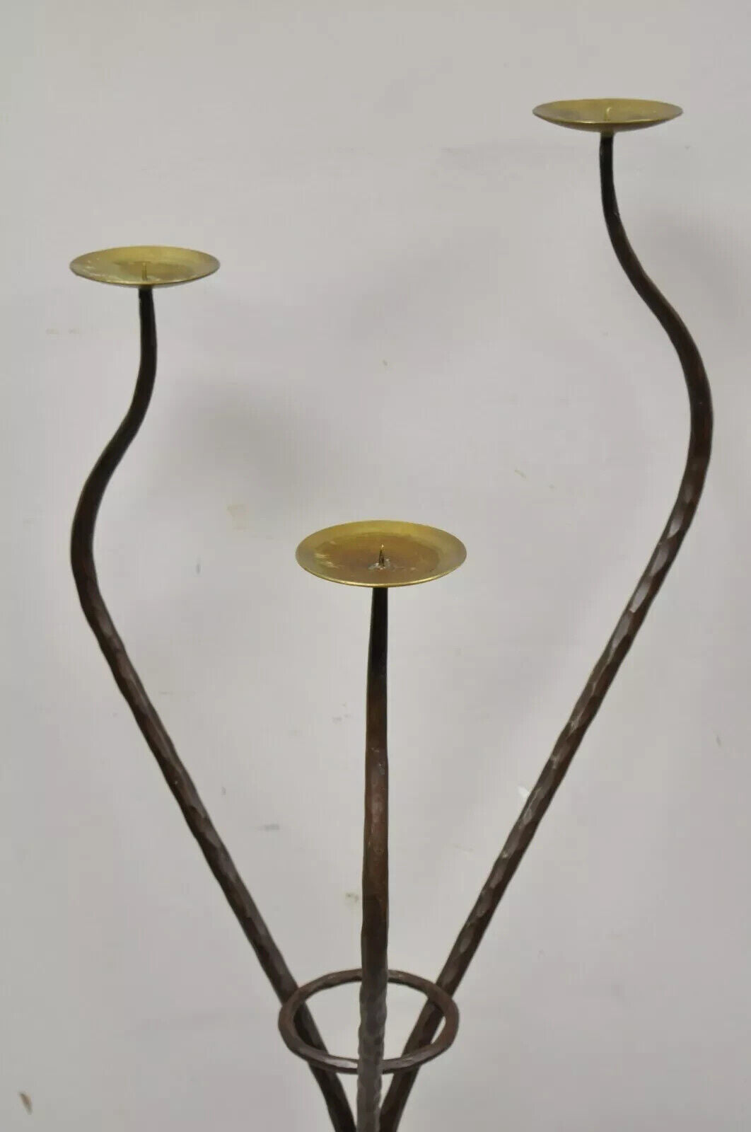 Modernist Iron Brass 3 Tier Sculptural Brutalist Floor Candleholder Candelabra