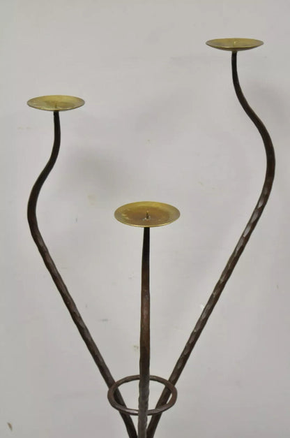 Modernist Iron Brass 3 Tier Sculptural Brutalist Floor Candleholder Candelabra