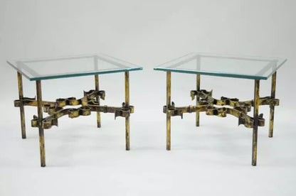 Vintage Spanish Hollywood Regency Gold Gilt Iron Square Glass End Tables - Pair