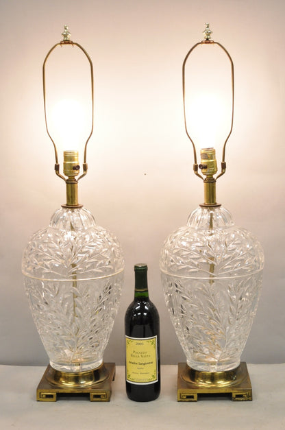 Vintage Chinoiserie Heavy Leaded Glass Wheat Sheaf Ginger Jar Table Lamps, Pair