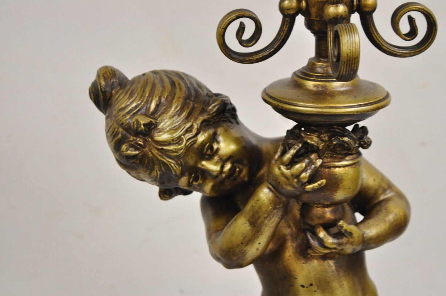 Vintage French Renaissance Metal Figural Girl Cherub Putti Candelabra Table Lamp