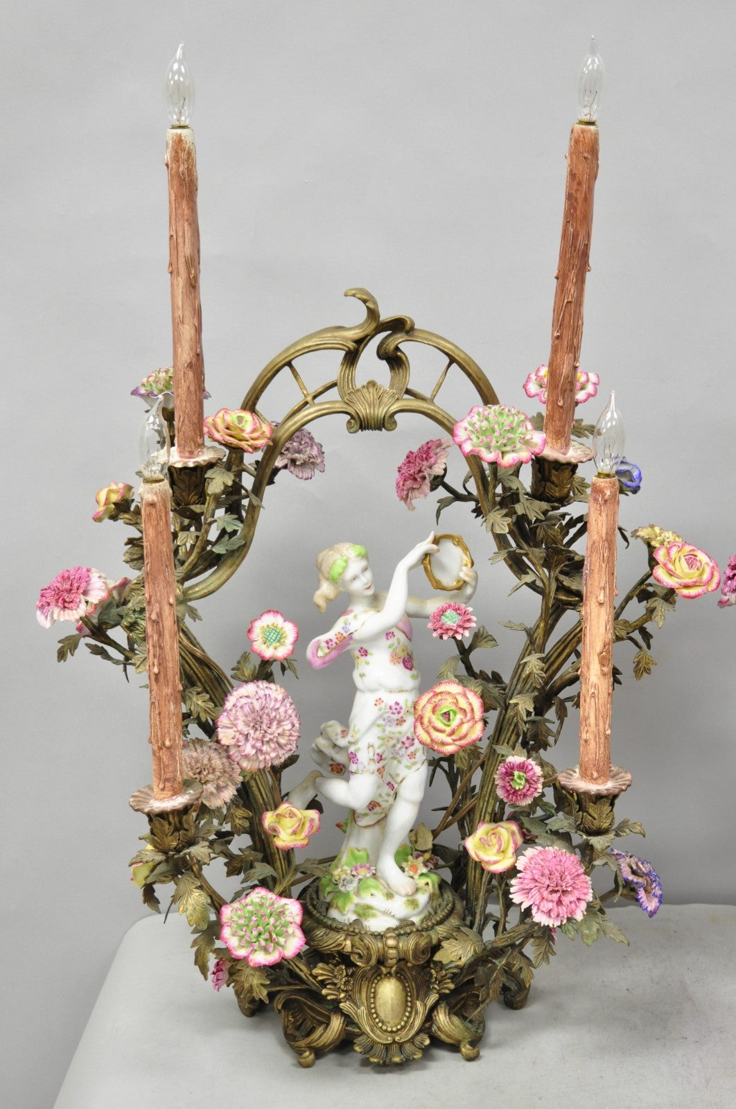 French Louis XV Repro Bronze & Porcelain Candelabra Lamps by United Wilson, Pair