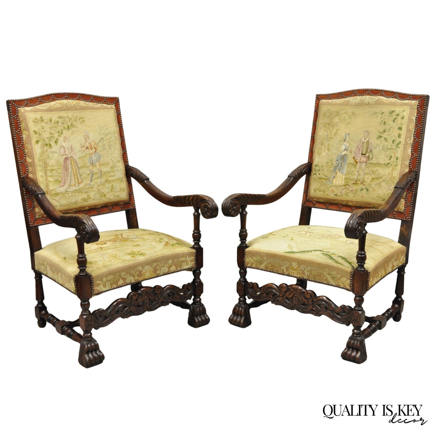 Antique French Louis XIV Style Needlepoint Tapestry Carved Walnut Arm Chair Pair