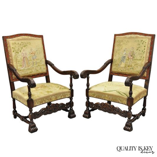 Antique French Louis XIV Style Needlepoint Tapestry Carved Walnut Arm Chair Pair