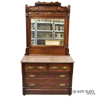 Antique Eastlake Victorian Burl Walnut Marble Top Washstand Dresser w/ Mirror